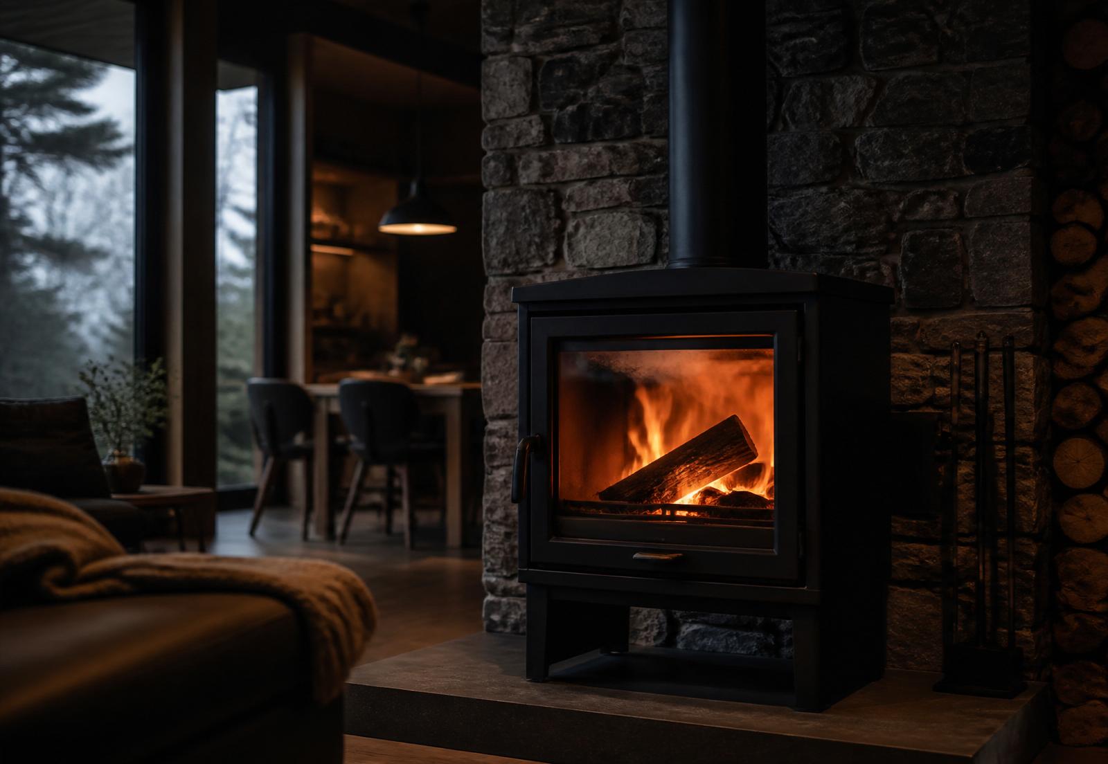 Poêle à bois moderne allumé dans un intérieur en pierre, entretenu par Neo Ramonage
